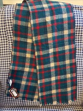 Woolrich Teal Plaid Wool Scarf with Red and Cream Checks